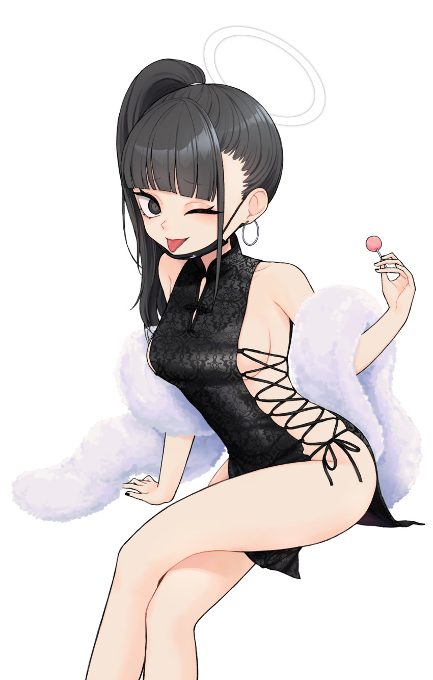 1girl 28_(282teeth) absurdres bare_shoulders black_eyes black_hair blue_archive blush breasts candy china_dress chinese_clothes cross-laced_clothes crossed_legs dress earrings food fur-trimmed_sleeves fur_trim halo highres holding holding_candy holding_food holding_lollipop jewelry large_breasts lollipop long_hair looking_at_viewer mask mouth_mask one_eye_closed pelvic_curtain ponytail side_ponytail side_slit sleeveless sleeveless_dress solo sukeban_(smg)_(blue_archive) thighs tongue tongue_out white_background