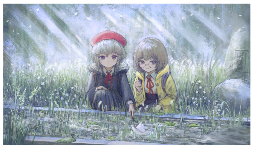 2girls absurdres blue_skirt brown_eyes brown_hair collared_shirt coqc dandelion_seed falling_petals field grey_hair hand_on_lap hat highres holding holding_stick hood hood_down jacket leaf light_rays long_sleeves multiple_girls neck_ribbon original paper_boat petals pleated_skirt pom_pom_(clothes) red_hat red_ribbon reeds ribbon rock round_eyewear school_uniform shirt shirt_tucked_in short_hair skirt squatting stick sunbeam sunlight water white_background yellow_jacket