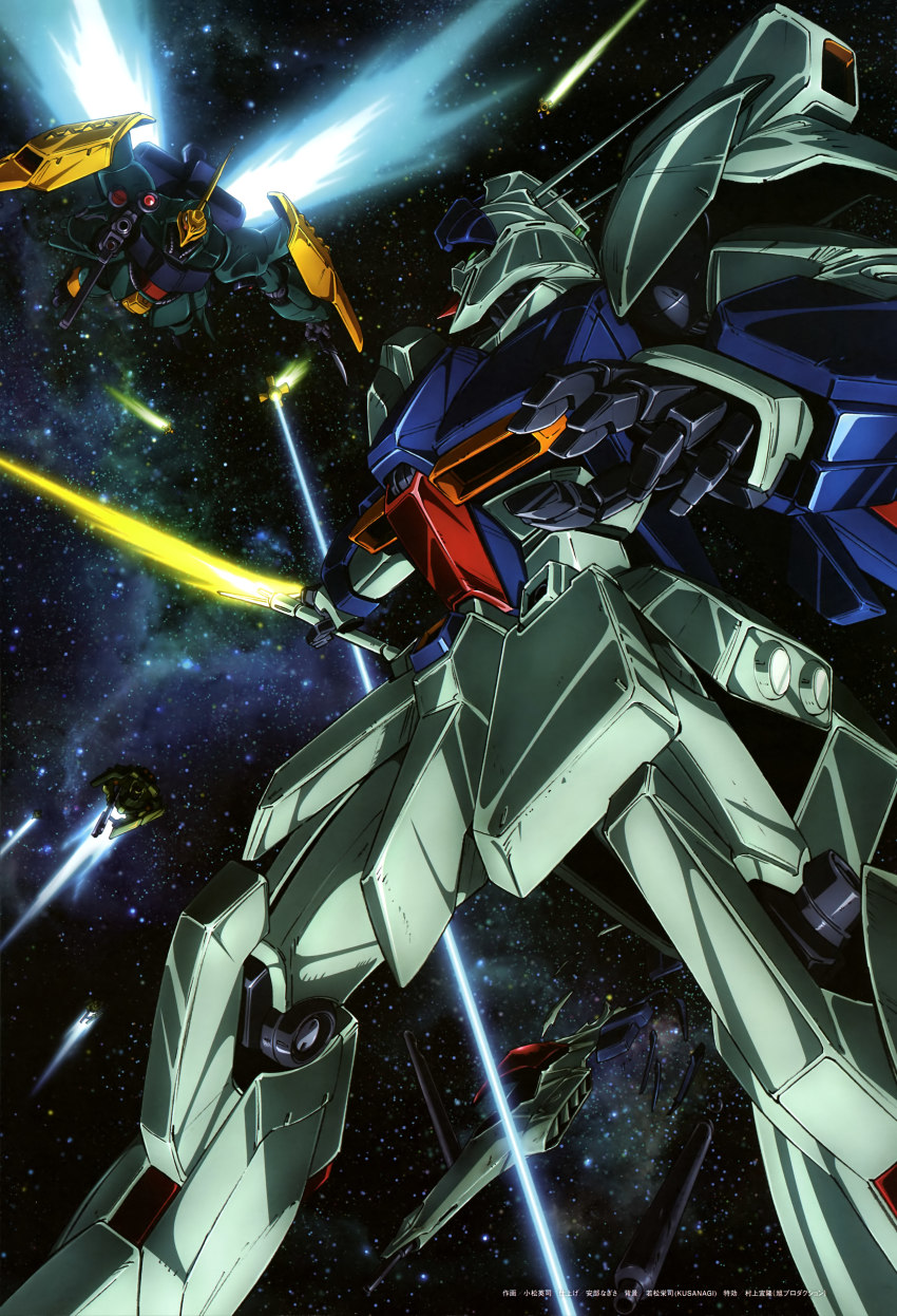 absurdres beam_rifle energy_sword char&#039;s_counterattack debris energy_gun energy_sword funnels_(gundam) geara_doga green_eyes gun gundam highres jagd_doga_gyunei_custom mecha mobile_suit no_humans official_art re-gz robot space star_(sky) sword thrusters weapon