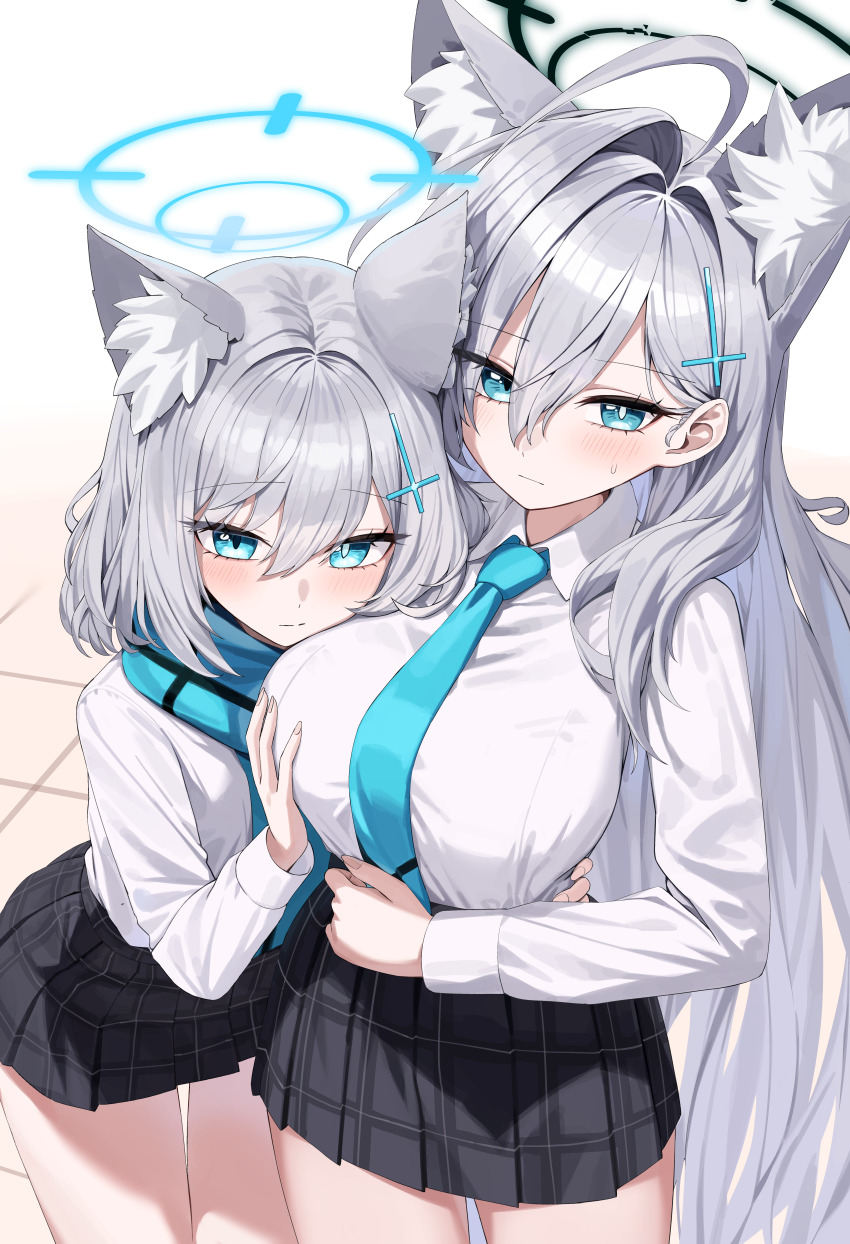 2girls absurdres ahoge animal_ear_fluff animal_ears black_halo black_skirt blue_archive blue_eyes blue_halo blue_necktie blue_scarf breasts bright_pupils grey_hair hair_between_eyes halo highres large_breasts long_hair long_sleeves looking_at_viewer medium_hair mismatched_pupils multiple_girls necktie plaid_clothes plaid_skirt scarf sgholln shiroko_(blue_archive) shiroko_terror_(blue_archive) shirt skirt thighs white_pupils white_shirt