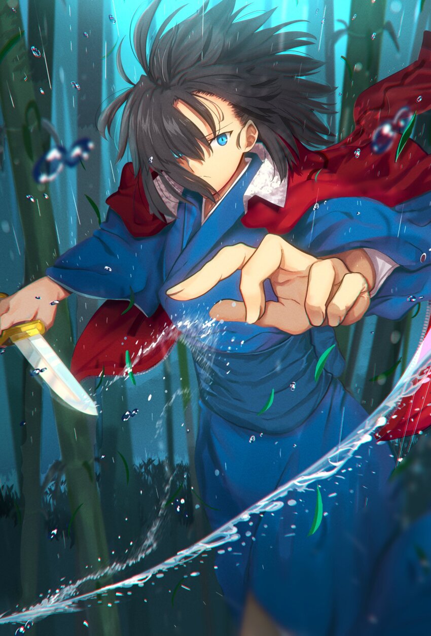 1girl blue_eyes blue_kimono closed_mouth highres holding holding_knife iro_(sekaixiro) japanese_clothes kara_no_kyoukai kimono knife light looking_at_viewer red_sweater ryougi_shiki short_hair sweater water