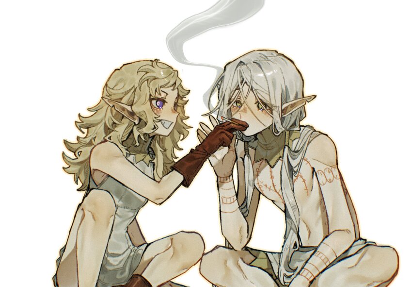 1boy 1girl arm_tattoo bags_under_eyes blonde_hair chest_tattoo cigarette covering_another&#039;s_mouth dungeon_meshi elf fleki full-body_tattoo gloves gorget green_eyes grey_hair grin hair_around_ear hair_tubes hand_over_another&#039;s_mouth highres holding holding_cigarette joint_(drug) knees_up long_hair low_twintails lycion navel notched_ear nova_1810 pointy_ears purple_eyes simple_background single_glove sitting sleeveless smile smoke smoke_trail smoking tattoo topless_male tunic twintails white_background