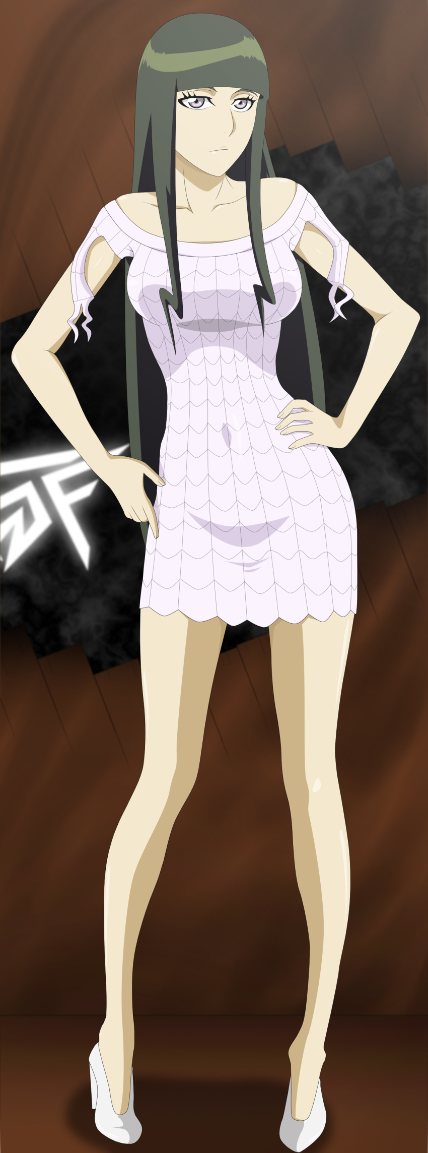 1girl absurdres arrancar bleach blunt_bangs cyan_sung-sun dress expressionless female_focus green_hair hands_on_own_hips high_heels highres long_hair long_image looking_at_viewer purple_eyes shoes solo stiky_finkaz tall_image