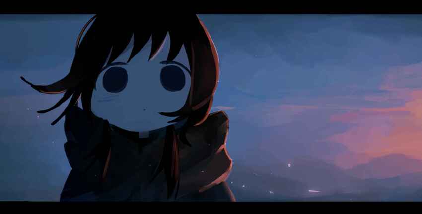 1girl black_eyes black_hair chito_(shoujo_shuumatsu_ryokou) closed_mouth coat dot_mouth evening highres hood hood_down hooded_coat letterboxed looking_at_viewer outdoors shoujo_shuumatsu_ryokou sky solid_circle_eyes solo stuffing_scone upper_body