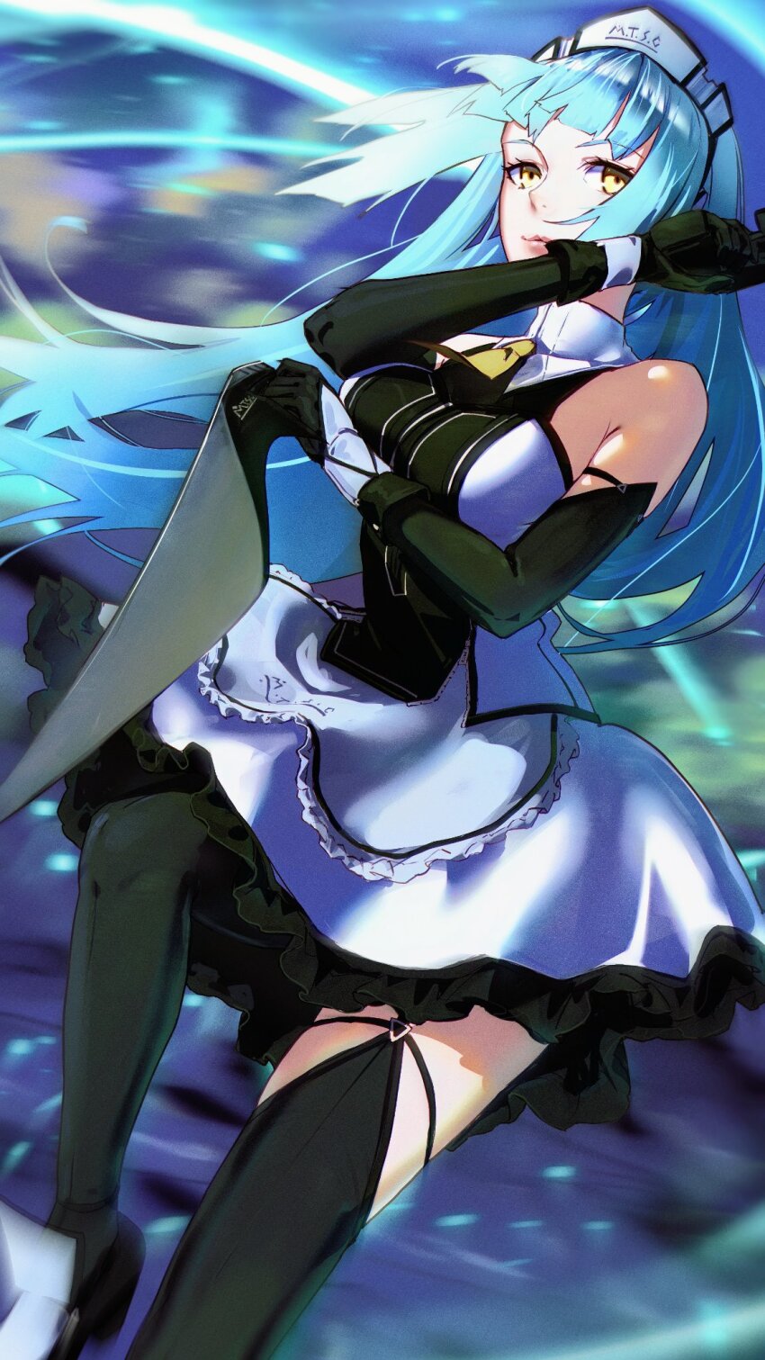 1girl blue_hair breasts dress dual_wielding eiyuu_densetsu elbow_gloves floating_hair gloves gun handgun highres hime_cut holding holding_gun holding_knife holding_weapon kai_no_kiseki knife kuro_no_kiseki_(series) long_hair madou_zakura maid_headdress medium_breasts risette_twinings solo thighhighs weapon yellow_eyes