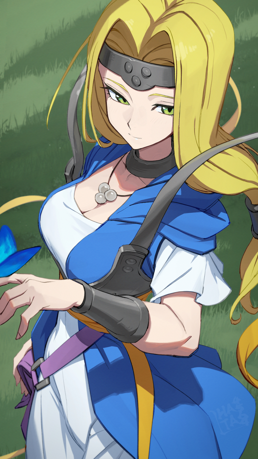 1girl blonde_hair blue_butterfly breasts bug butterfly butterfly_on_hand cleavage closed_mouth commentary_request dragon_quest dragon_quest_vi forehead_protector green_eyes hata4564 highres insect large_breasts long_hair mireyu on_grass purple_bag smile solo standing