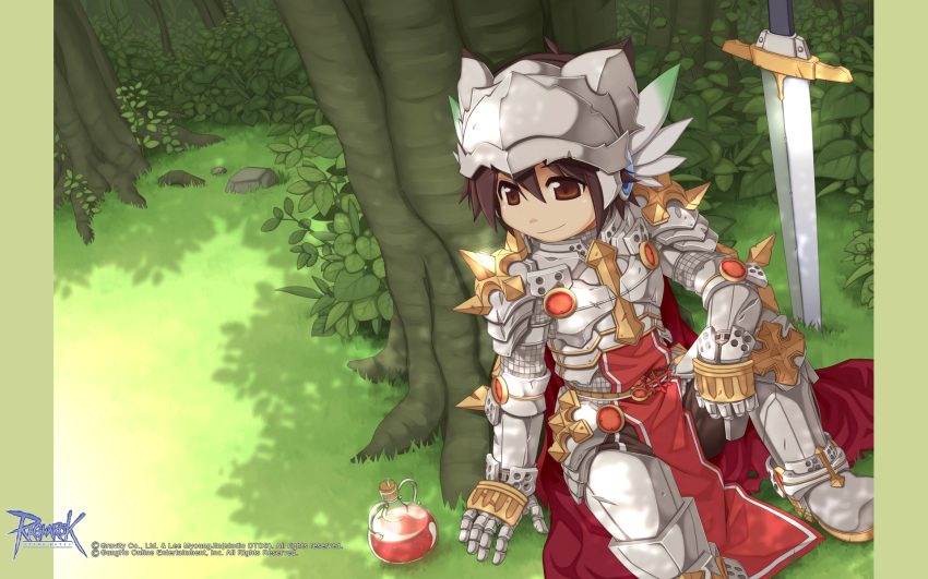 1boy armor armored_boots belt boots breastplate brown_belt brown_eyes brown_hair bush cape chainmail closed_mouth copyright_notice cross_of_prontera dappled_sunlight derivative_work full_body gauntlets grass hair_between_eyes helmet highres leg_armor looking_afar male_focus official_art official_wallpaper planted planted_sword planted_weapon potion ragnarok_online red_cape red_tabard rune_knight_(ragnarok_online) screenshot_redraw short_hair sitting smile solo spiked_pauldrons sunlight sword tabard tree under_tree weapon yuichirou