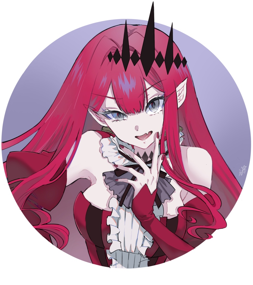 1girl absurdres baobhan_sith_(fate) baobhan_sith_(first_ascension)_(fate) bare_shoulders breasts center_frills circle dress fang fate/grand_order fate_(series) frills ginshima_jill grey_eyes highres long_hair looking_at_viewer medium_breasts open_mouth pointy_ears red_dress red_hair red_nails skin_fang smile solo tiara upper_body