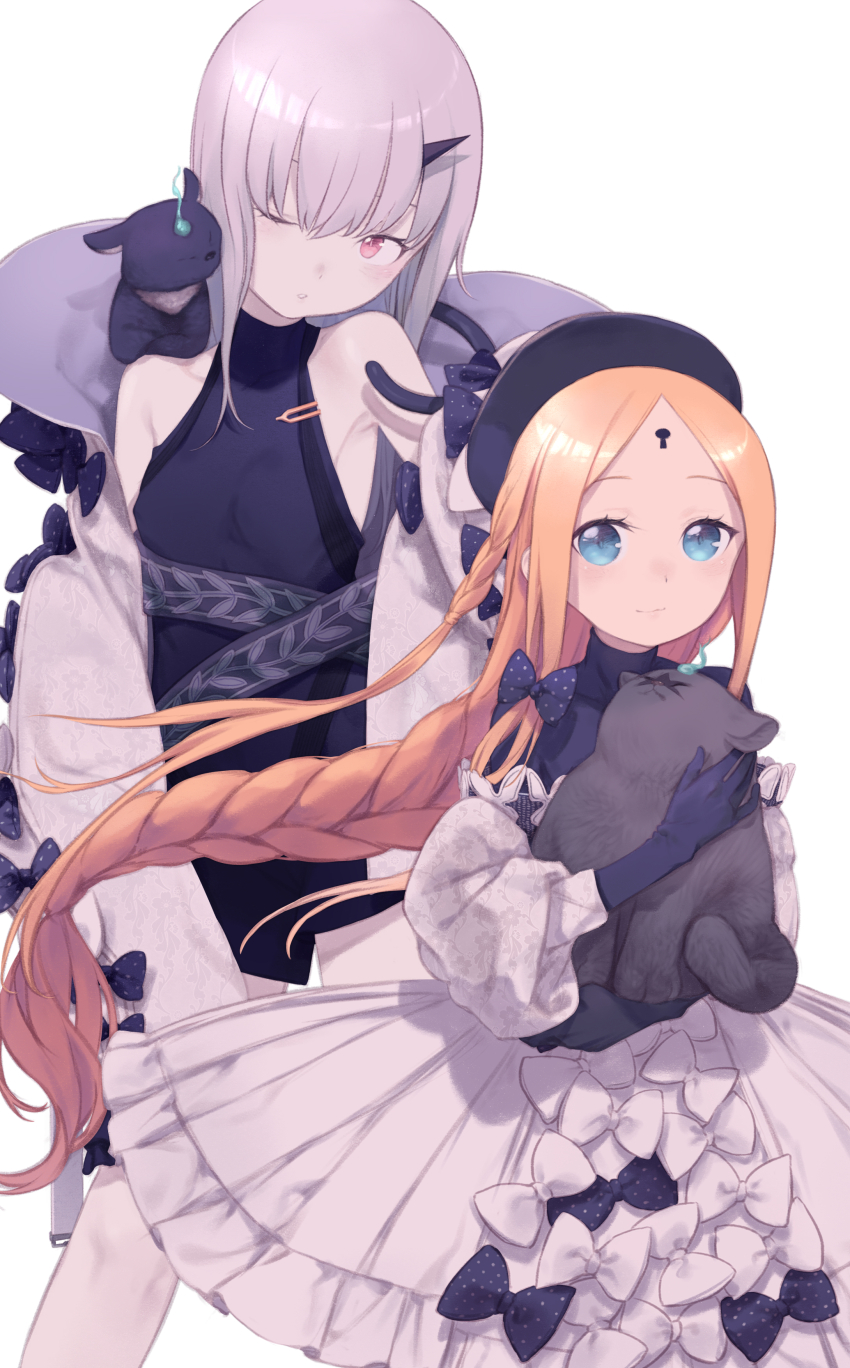 2girls abigail_williams_(event_portrait)_(fate) abigail_williams_(fate) absurdres bare_shoulders belt beret black_dress black_gloves black_hat black_shirt blonde_hair blue_eyes blush bodystocking bow braid braided_ponytail breasts cat daisi_gi dress fate/grand_order fate_(series) forehead gloves grey_dress hat highres horns jacket keyhole lavinia_whateley_(fate) long_hair long_sleeves looking_at_viewer multiple_girls off-shoulder_dress off_shoulder one_eye_closed parted_bangs purple_eyes shirt short_dress single_horn small_breasts smile thighs white_hair white_jacket wide-eyed