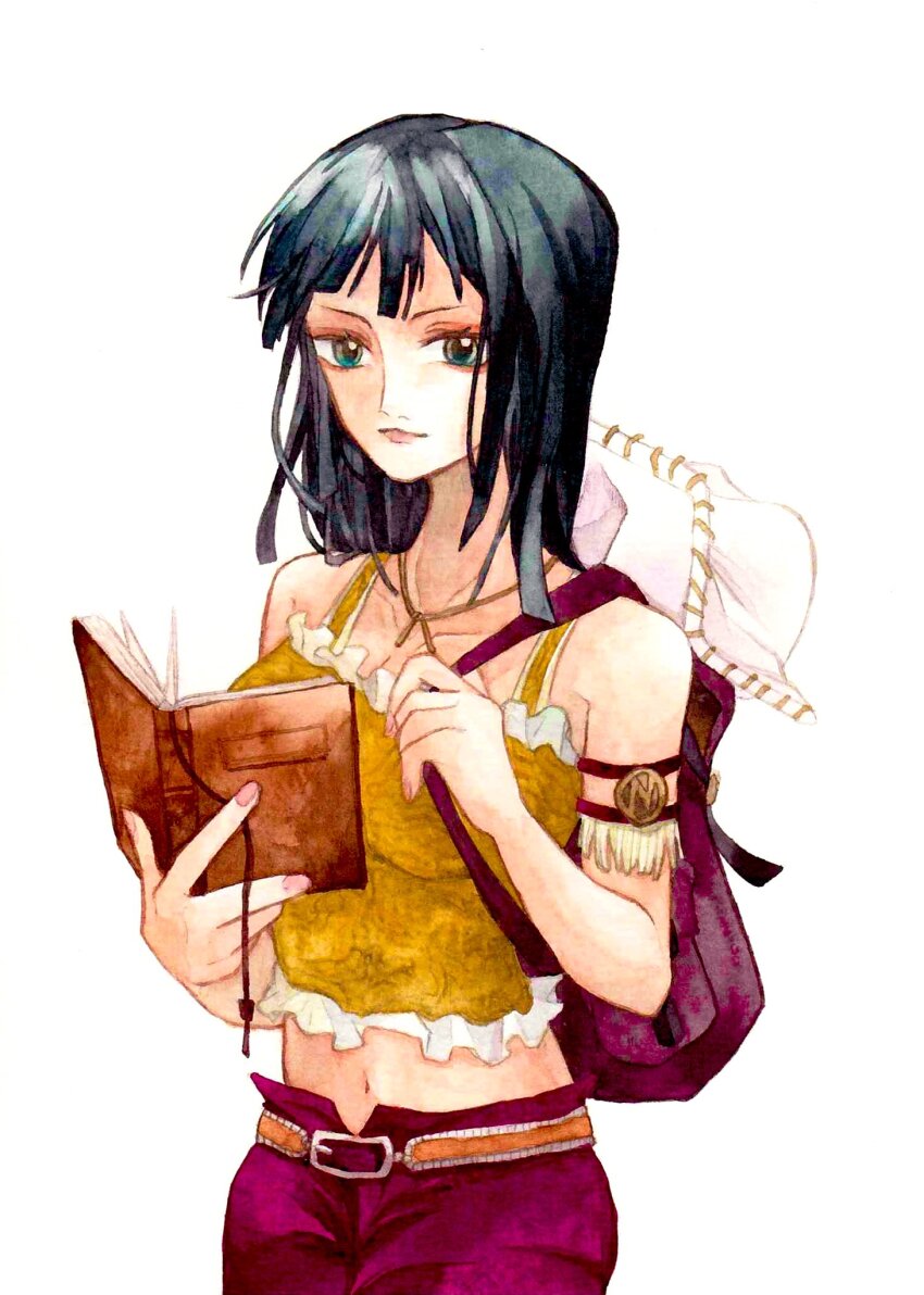 1girl armlet bag bare_shoulders black_hair blue_eyes blue_hair blunt_bangs book cowboy_hat cowboy_shot hat highres holding holding_book jewelry medium_hair nico_robin nico_robin_(skypiea) one_piece pants pink_nails purple_pants reading shoulder_bag simple_background sinoda_maru7326 smile solo tank_top unworn_headwear white_background white_hat yellow_tank_top