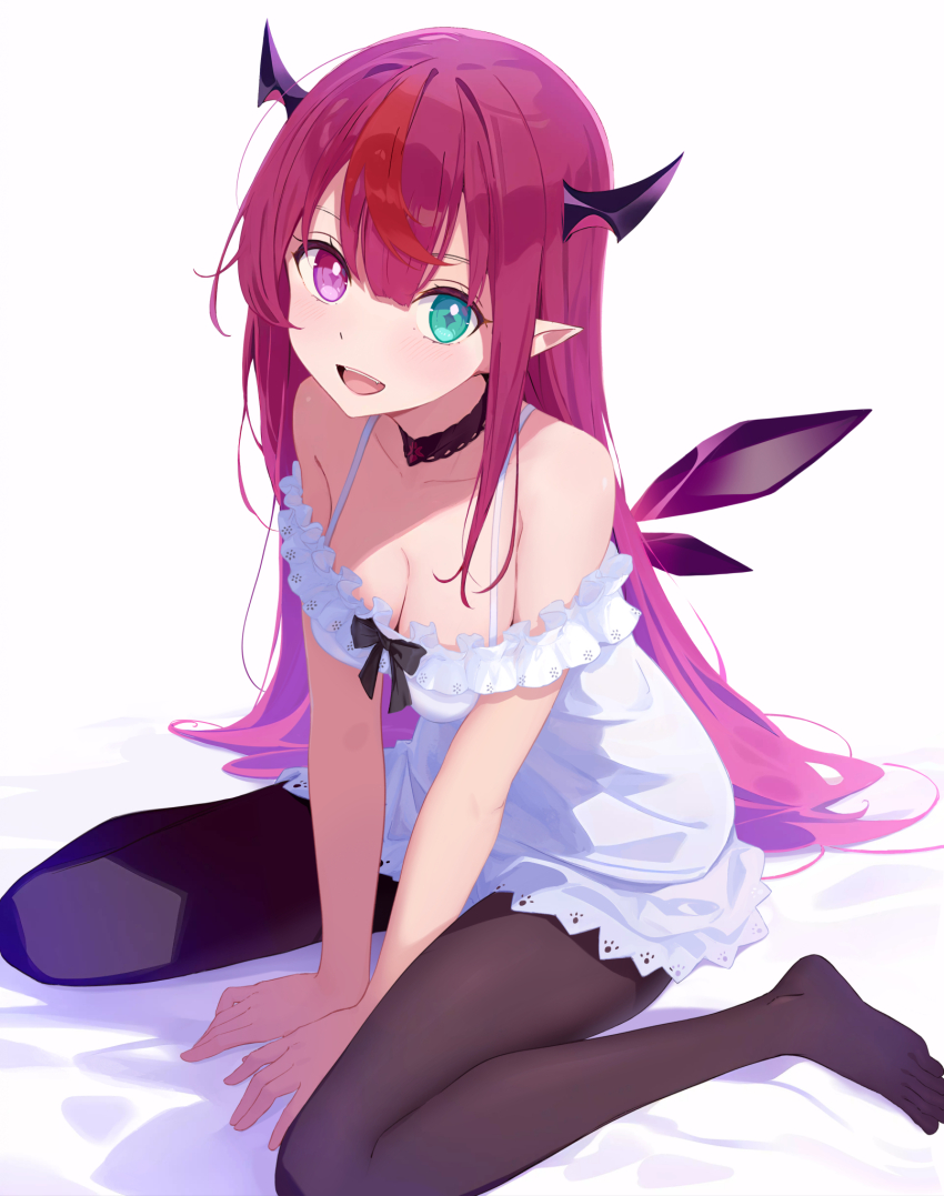 1girl :d between_legs black_choker black_pantyhose blue_eyes breasts choker cleavage commentary crystal_wings detached_wings dress frilled_dress frills full_body hair_between_eyes hand_between_legs heterochromia highres hololive hololive_english horns irys_(casualrys)_(hololive) irys_(hololive) jewelry long_hair looking_at_viewer medium_breasts necklace no_shoes off-shoulder_dress off_shoulder official_alternate_costume open_mouth otter_paw_(otter696969) pantyhose pink_eyes pointy_ears purple_hair red_hair short_dress sidelocks simple_background sitting smile solo spaghetti_strap teeth upper_teeth_only very_long_hair virtual_youtuber wariza white_background white_dress wings