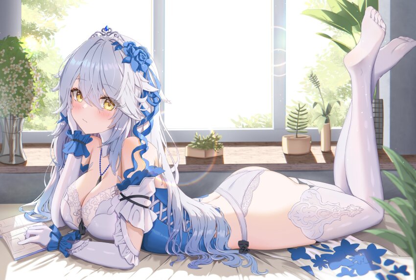 1girl ass blush book breasts dokimaru elbow_gloves gloves hair_ornament highres indoors large_breasts long_hair looking_at_viewer lyfe_bestla lyfe_bestla_-_infinite_sight_(frozen_in_love) lying on_stomach panties plant snowbreak:_containment_zone solo thighhighs underwear white_gloves white_hair white_panties white_thighhighs window yellow_eyes