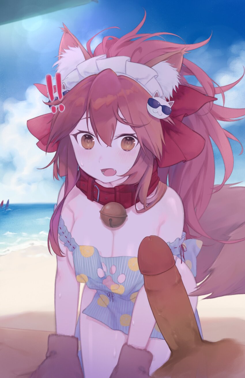 ! !! 1boy 1girl absurdres animal_ear_fluff animal_ears animal_hands apron bare_shoulders beach bell blue_apron blue_sky blush bow breasts cat_hair_ornament cleavage collar daisi_gi erection fate/grand_order fate_(series) fox_ears fox_girl fox_tail gloves hair_bow hair_ornament hetero highres jingle_bell large_breasts long_hair maid_headdress naked_apron neck_bell off_shoulder open_mouth paw_gloves paw_print_cutout penis pink_hair ponytail red_bow shore sidelocks sky solo_focus tail tamamo_(fate) tamamo_cat_(fate) tamamo_cat_(poolside_maid)_(fate) uncensored yellow_eyes