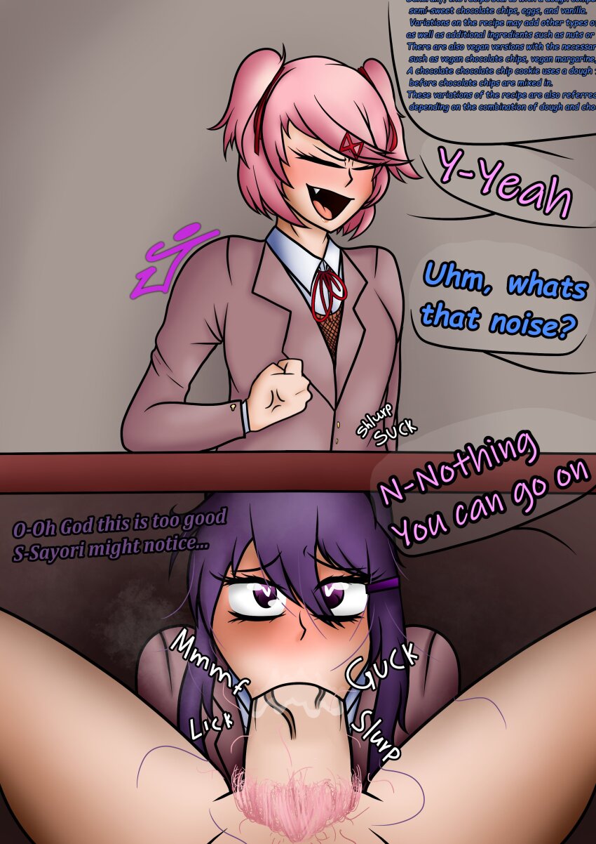 1futa 1girl absurdres blush bottomless breasts closed_eyes doki_doki_literature_club fellatio futa_with_female futanari highres jimsters_revenge natsuki_(doki_doki_literature_club) oral pink_hair pubic_hair purple_eyes purple_hair small_breasts yuri_(doki_doki_literature_club)