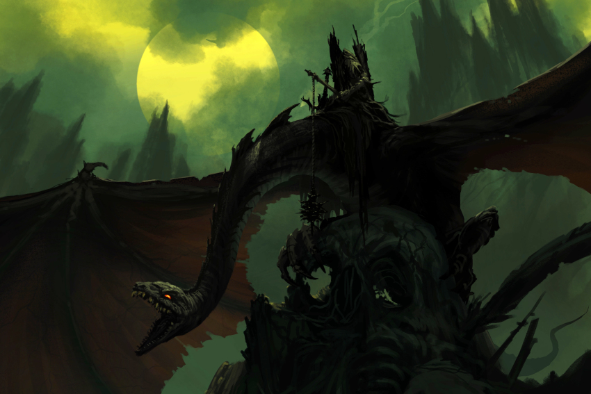 1boy armor bad_id bad_twitter_id creature crown fellbeast green_theme highres holding moon nazgul night open_mouth outdoors philipp_urlich red_eyes riding sharp_teeth skull sword teeth the_lord_of_the_rings tolkien&#039;s_legendarium tolkien&#039;s_legendarium weapon wings witch_king_of_angmar