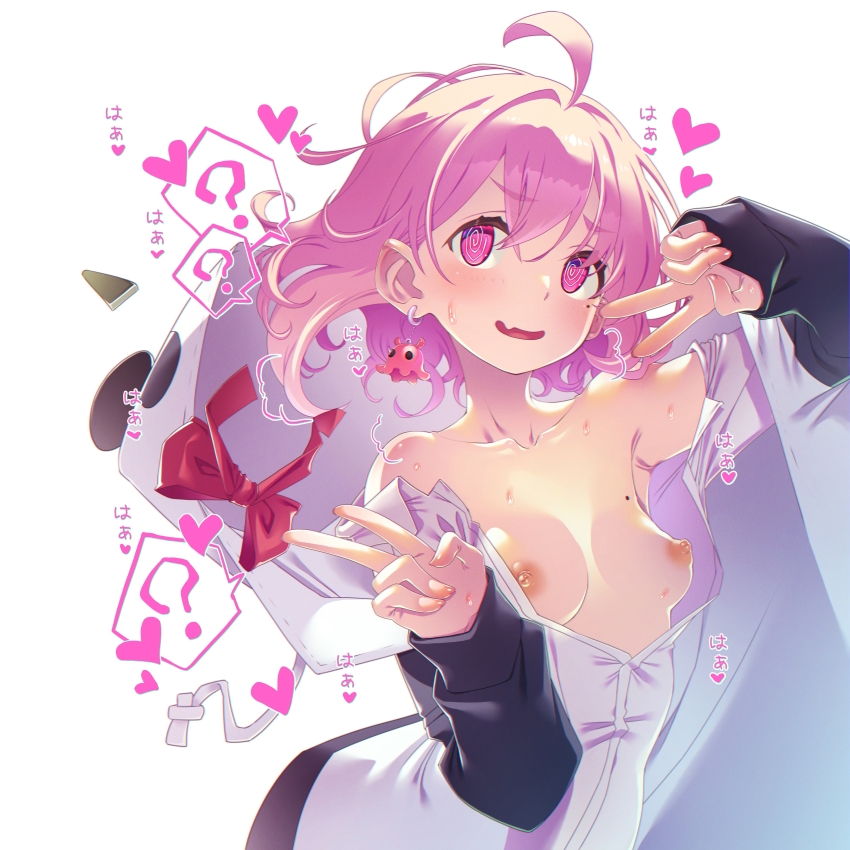 1girl ? @_@ absurdres ahoge animal_hood armpits black_hoodie blush bow bowtie breasts chromatic_aberration commentary_request double_v earrings fang hair_between_eyes hands_up heart highres hood hoodie jewelry long_sleeves looking_at_viewer medium_hair mole mole_on_breast mole_under_eye nijisanji nipples octopus_earrings open_clothes open_hoodie open_mouth panda_hood pink_bow pink_bowtie pink_eyes pink_hair sakuya_tsuitachi sasaki_saku sasaki_saku_(1st_costume) shirt skin_fang sleeves_past_wrists smile solo spoken_question_mark sweat translation_request two-tone_hoodie unworn_bowtie v virtual_youtuber white_background white_hoodie white_shirt