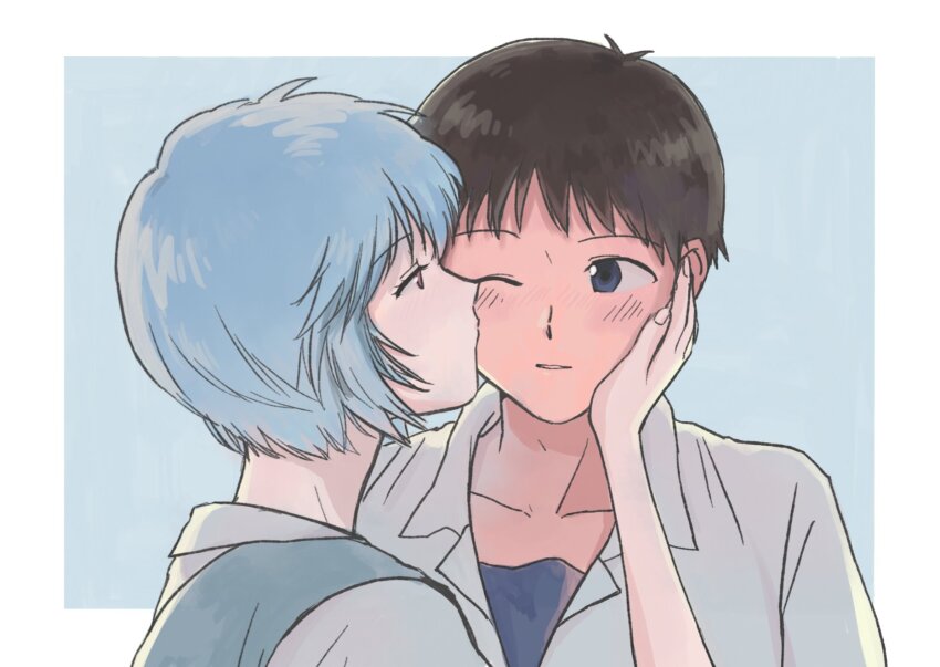 1boy 1girl ayanami_rei black_undershirt blue_background blue_dress blue_eyes blue_hair border brown_hair close-up collarbone collared_shirt commentary dress dress_shirt eye_contact from_side hand_on_another&#039;s_cheek hand_on_another&#039;s_face highres ikari_shinji key35461 kiss kissing_cheek korean_commentary looking_at_another neon_genesis_evangelion one_eye_closed outside_border pale_skin pinafore_dress red_eyes school_uniform shirt short_hair simple_background sleeveless sleeveless_dress tokyo-3_middle_school_uniform white_border white_shirt