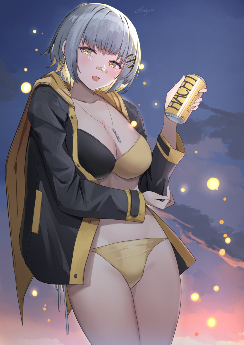 1girl bandaid bandaid_on_face bandaid_on_nose bikini black_jacket blonde_hair blush breasts can cleavage grey_hair hachi_(live_union) hair_ornament highres holding holding_can jacket jewelry large_breasts live_union long_sleeves looking_at_viewer multicolored_bikini multicolored_hair necklace open_clothes open_jacket open_mouth outdoors short_hair shougun_(chuckni1) smile solo swimsuit thighs two-tone_bikini virtual_youtuber yellow_eyes