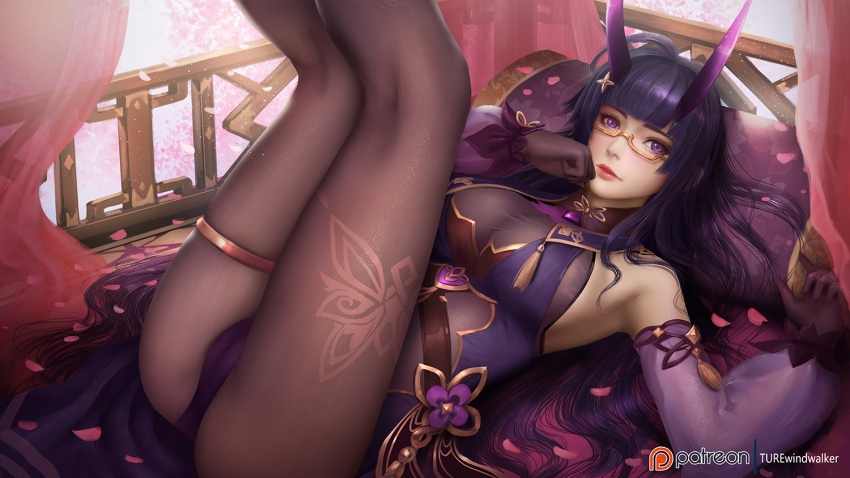 1girl armpits bare_shoulders black_gloves black_pantyhose blunt_bangs bodystocking breasts cleavage detached_sleeves gloves honkai_(series) honkai_impact_3rd horns indoors kneepits large_breasts leg_tattoo legs_up long_hair long_horns looking_at_viewer lying on_back on_bed panties pantyhose pillow purple_eyes purple_horns purple_panties purple_sleeves raiden_mei raiden_mei_(herrscher_of_thunder) raiden_mei_(rainy_springtide) red_lips see-through_clothes see-through_cleavage semi-rimless_eyewear solo tattoo thigh_strap turewindwalker underwear