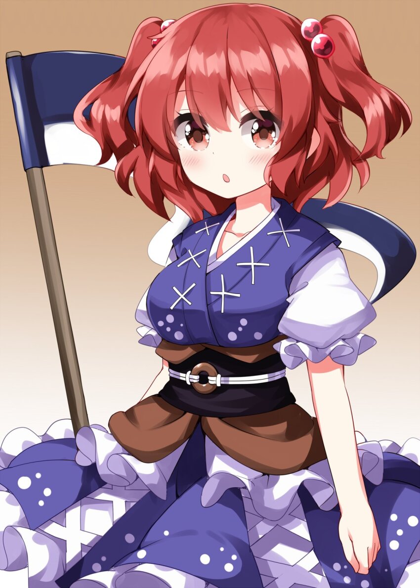 1girl :o blue_kimono breasts brown_background brown_sash coin coin_on_string cowboy_shot gradient_background hair_bobbles hair_ornament highres japanese_clothes kimono kimono_dress looking_at_viewer medium_breasts onozuka_komachi puffy_short_sleeves puffy_sleeves red_eyes red_hair ruu_(tksymkw) scythe short_sleeves simple_background solo touhou two_side_up white_kimono