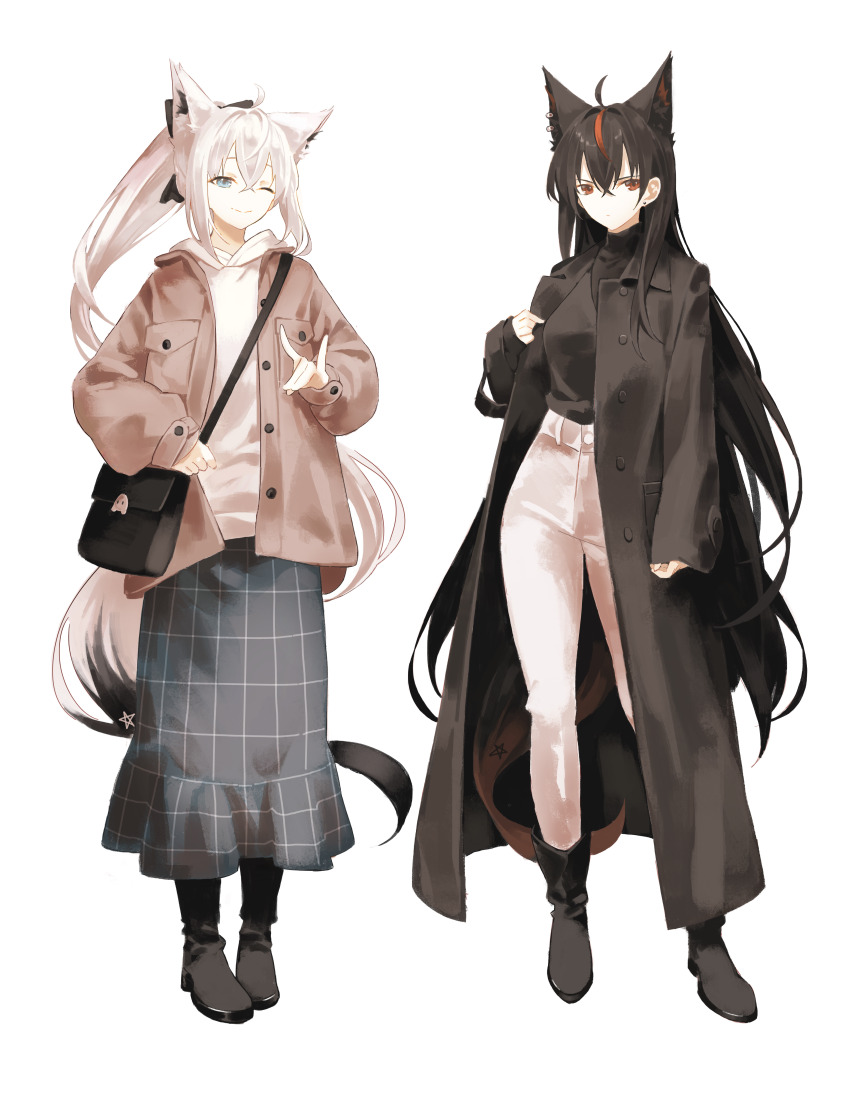 2girls absurdres ahoge alternate_costume animal_ear_fluff animal_ear_piercing animal_ears ankle_boots aqua_eyes bag black_coat black_footwear black_hair black_shirt black_vs_white boots breast_pocket brown_jacket coat dark_persona double-parted_bangs dual_persona earrings fox_ears fox_girl fox_shadow_puppet fox_tail full_body high-waist_pants highres hololive hooded_shirt jacket jewelry kurokami_fubuki kyoko_(zeprii4) long_coat long_hair long_skirt multiple_girls one_eye_closed open_clothes open_coat open_jacket pants pentagram plaid_clothes plaid_skirt pocket red_eyes red_streaks shirakami_fubuki shirt shirt_tucked_in shoulder_bag sidelocks simple_background skirt stud_earrings tail turtleneck turtleneck_shirt very_long_hair virtual_youtuber white_background white_hair white_pants white_shirt winter_clothes winter_coat