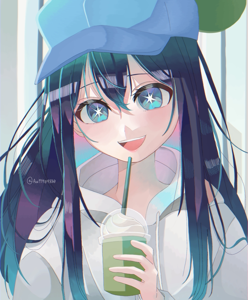 1girl black_hair blue_eyes blue_hat cup disposable_cup drinking_straw eyelashes hair_between_eyes hat highres holding holding_cup hood hoodie hoshino_ai long_hair looking_at_viewer open_mouth oshi_no_ko solo sparkling_eyes teeth twitter_username upper_body upper_teeth_only user_pfsg4883