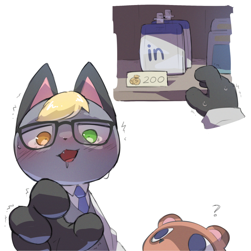 2boys ? animal_crossing animal_ears black-framed_eyewear blonde_hair blue_necktie blush cat_boy cat_ears drooling fang fewer_digits furry furry_male glasses green_eyes heterochromia highres multiple_boys necktie nintendo price pspider_(fkse3722) raymond_(animal_crossing) reaching shelf simple_background sweat timmy_(animal_crossing) trembling white_background yellow_eyes