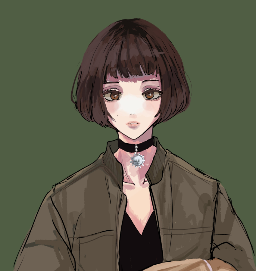 1girl black_choker black_shirt bob_cut brown_eyes brown_hair choker close-up collarbone eyelashes green_background green_jacket highres jacket kona_(supasoniku) leon_the_professional looking_at_viewer loose_hair_strand mathilda_lando mole mole_on_cheek open_clothes open_jacket parted_lips pendant_choker pink_lips portrait shirt short_hair simple_background solo straight-on upper_body v-neck