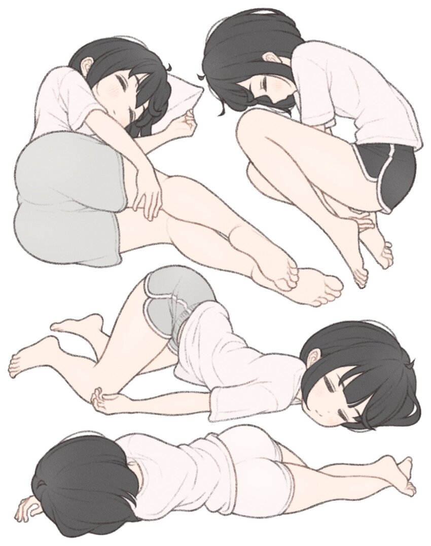 1girl 1ssakawaguchi ass bare_legs barefoot black_hair black_shorts bob_cut closed_eyes closed_mouth crossed_ankles dolphin_shorts grey_shorts head_on_pillow highres ichika_(1ssakawaguchi) light_blush lying multiple_views on_side original pillow shirt short_hair short_shorts shorts simple_background sleeping t-shirt thighs top-down_bottom-up white_background white_shirt white_shorts