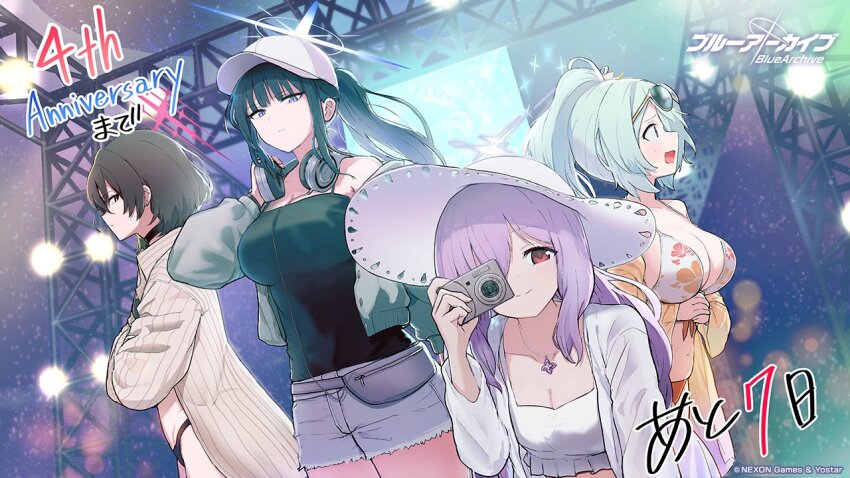 4girls aqua_hair atsuko_(blue_archive) atsuko_(swimsuit)_(blue_archive) baseball_cap bikini black_hair blue_archive breasts camera cowboy_shot english_text halo hat hiyori_(blue_archive) hiyori_(swimsuit)_(blue_archive) large_breasts looking_at_viewer misaki_(blue_archive) misaki_(swimsuit)_(blue_archive) multiple_girls night night_sky purple_hair saori_(blue_archive) saori_(swimsuit)_(blue_archive) sergei_(pattundo) shirt shorts sky sunglasses swimsuit thigh_gap twitter