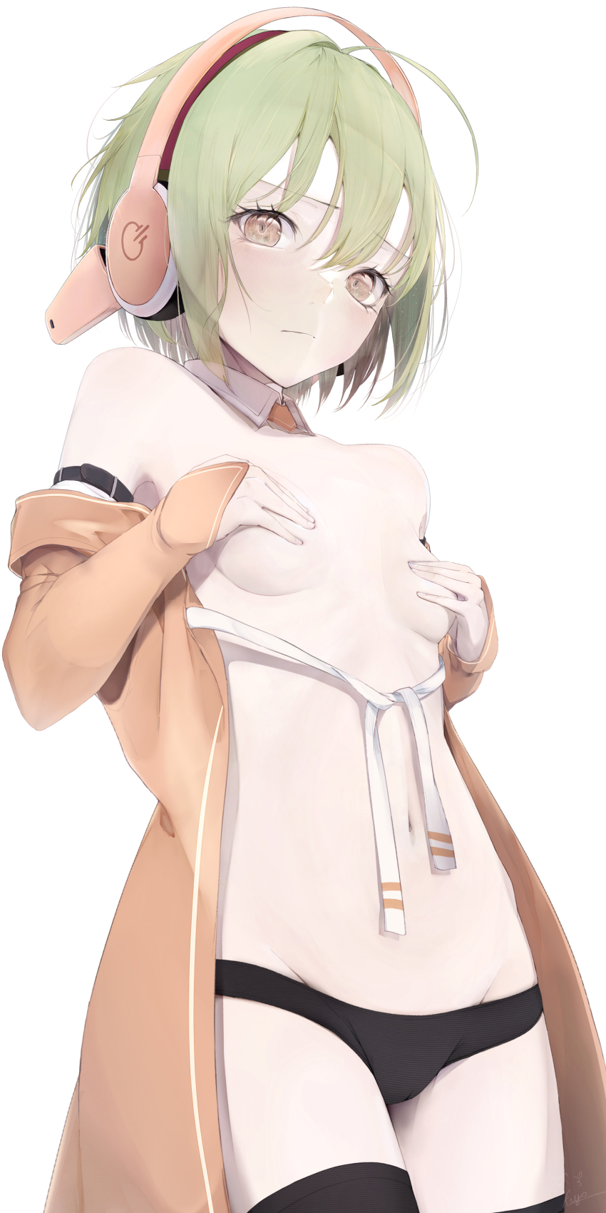 1girl absurdres black_panties black_thighhighs blush breasts brown_eyes chunithm closed_mouth covering_breasts covering_privates cowboy_shot detached_collar frown green_hair headphones heart heart_in_eye highres kisaragi_yaya long_sleeves looking_at_viewer navel panties short_hair simple_background sky_feather_(chunithm) sleeves_past_wrists small_breasts solo stomach symbol_in_eye thighhighs topless underwear white_background