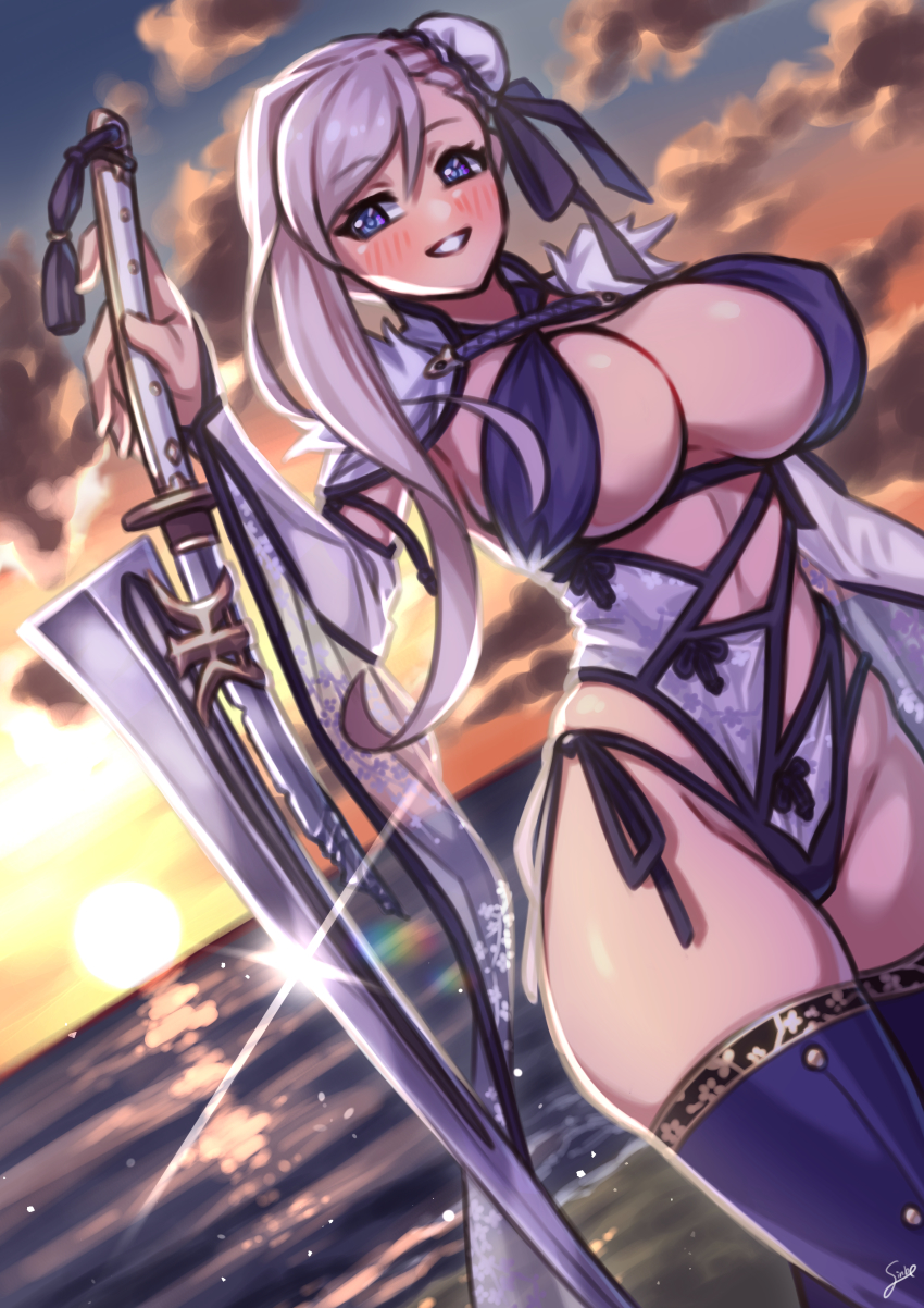 1girl absurdres backlighting beach blue_eyes blue_one-piece_swimsuit blue_sky blue_thighhighs blush breasts bun_cover cleavage criss-cross_halter detached_sleeves fate/grand_order fate_(series) gradient_sky grin hair_bun hair_ribbon halterneck highleg highleg_one-piece_swimsuit highres katana large_breasts long_hair looking_at_viewer miyamoto_musashi_(fate) miyamoto_musashi_(fate/grand_order) miyamoto_musashi_(swimsuit_berserker)_(fate) miyamoto_musashi_(swimsuit_berserker)_(third_ascension)_(fate) nikuatsu_magician_shinbo ocean one-piece_swimsuit orange_sky pink_hair ribbon shore side_bun single_hair_bun single_side_bun sky smile solo sunset swept_bangs swimsuit sword thighhighs thighs two-tone_swimsuit weapon white_one-piece_swimsuit wide_sleeves