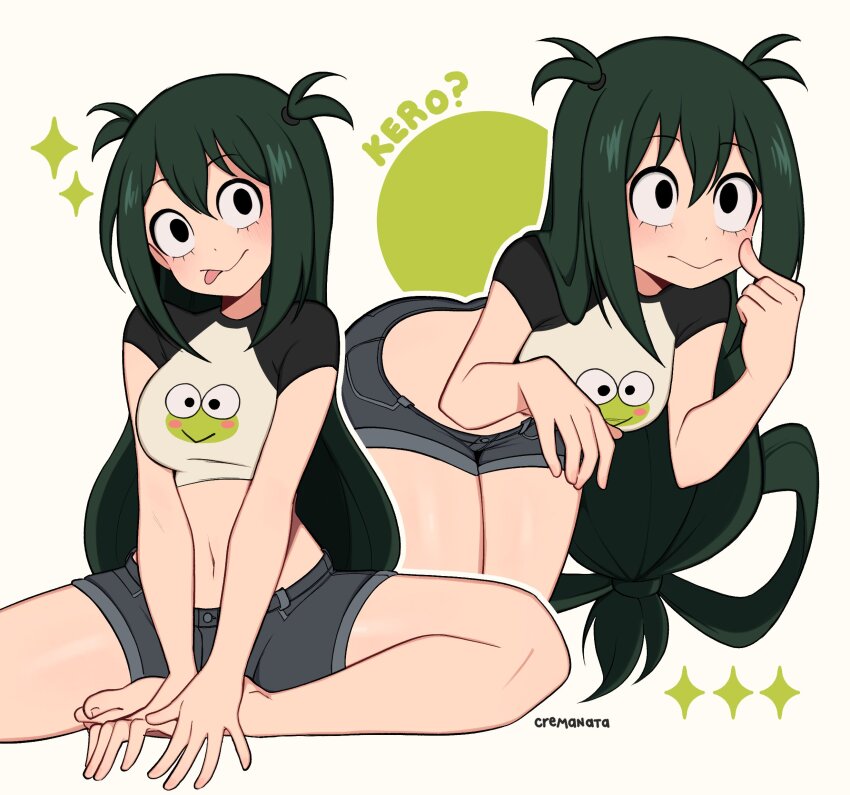 1girl alternate_costume animal_print artist_name asui_tsuyu barefoot black_shorts black_sleeves boku_no_hero_academia cremanata crop_top frog_print highres kero_kero_keroppi long_hair midriff multiple_views print_shirt raglan_sleeves sanrio shirt short_shorts short_sleeves shorts simple_background sitting sparkle tongue tongue_out white_shirt