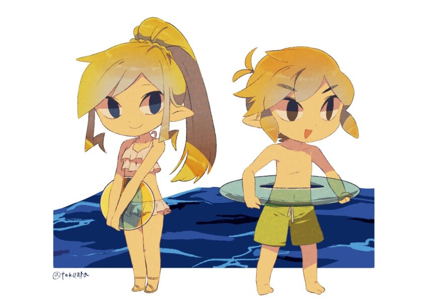 1boy 1girl alternate_costume alternate_hairstyle ball beachball chibi commentary hat innertube link long_hair looking_at_viewer nintendo pointy_ears ponytail princess_zelda short_hair smile swim_ring swimsuit the_legend_of_zelda the_legend_of_zelda:_spirit_tracks the_legend_of_zelda:_the_wind_waker tokuura toon_link toon_zelda unworn_hat unworn_headwear very_long_hair water