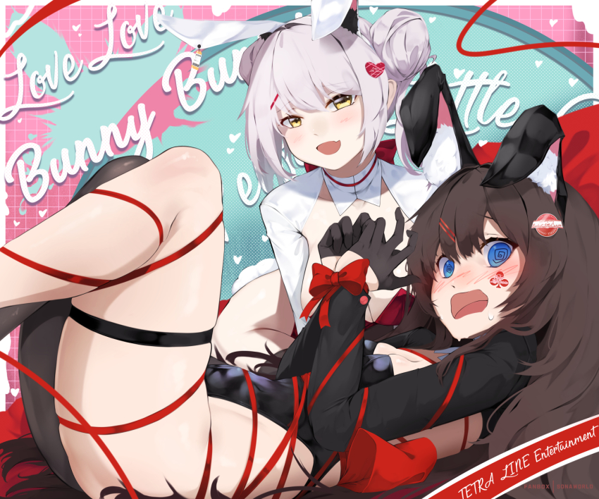 2girls :d :o animal_ears belorta_(nikke) black_gloves black_leotard blush bound bound_wrists breasts detached_collar double_bun embarrassed facial_tattoo fake_animal_ears fake_tail fang gloves goddess_of_victory:_nikke grey_hair hair_bun hair_ornament half_gloves heart heart_hair_ornament highres large_breasts leotard looking_at_viewer multiple_girls open_mouth playboy_bunny rabbit_ears rabbit_tail short_twintails single_thighhigh skin_fang small_breasts smile sonaworld strapless strapless_leotard tail tattoo thighhighs thighs twintails white_leotard yellow_eyes