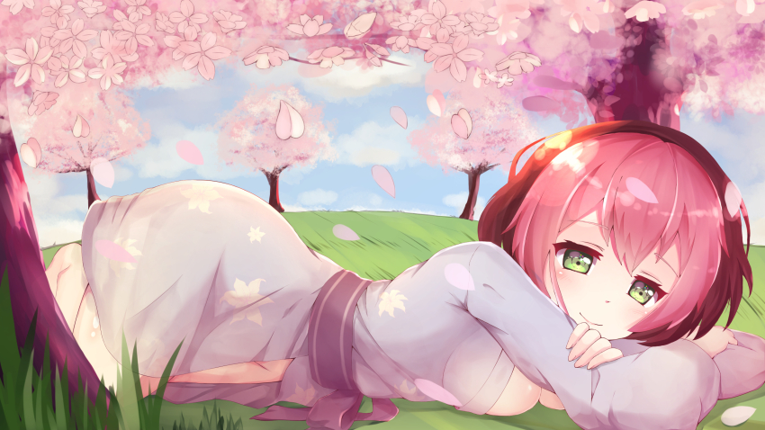 1girl bad_arm black_hair blue_sky blush breast_press breasts cherry_blossoms cleavage closed_mouth colored_bangs commentary crossed_arms day falling_petals grass green_eyes grey_kimono hanami highres japanese_clothes kimono long_sleeves looking_at_viewer lying medium_breasts no_panties on_side osu! outdoors petals pink_hair pink_petals pippi_(osu!) short_hair sky smile solo sylux