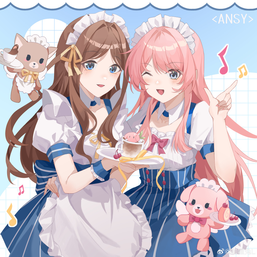 2girls absurdres apron bang_dream! bang_dream!_it&#039;s_mygo!!!!! blue_eyes blue_skirt blue_wrist_cuffs blush bow brown_hair chihaya_anon chinese_commentary collarbone commentary_request frilled_apron frills grey_eyes hand_on_another&#039;s_hip hand_up highres holding holding_tray long_hair maid multiple_girls nagasaki_soyo nail_polish one-eyed open_mouth pink_bow pink_hair pink_nails puffy_short_sleeves puffy_sleeves ribbon ship_name shirt short_sleeves sidelocks skirt tray waist_apron weibo_watermark white_shirt wrist_cuffs yellow_ribbon yinranluo