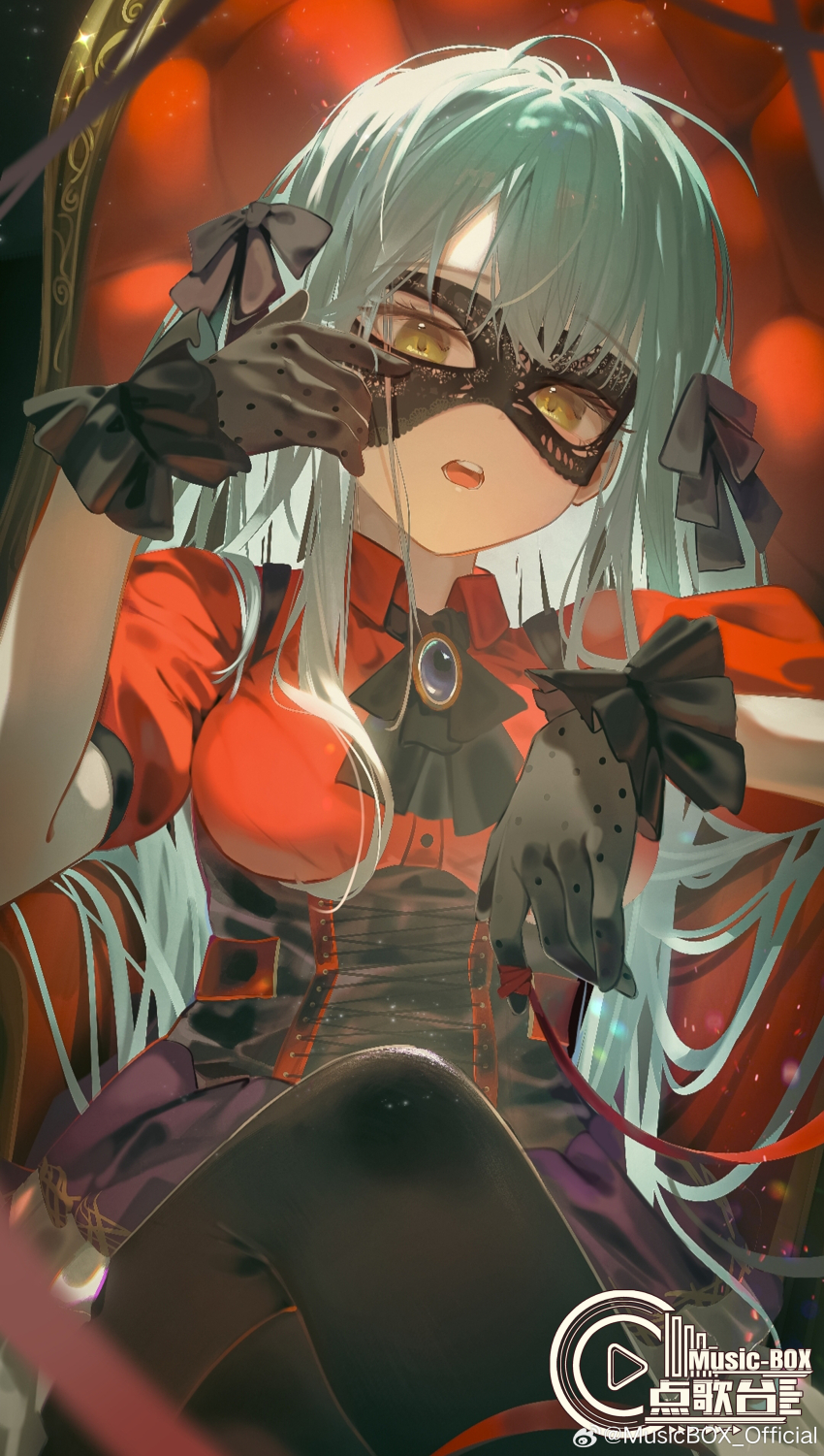 1girl absurdres ascot bang_dream! bang_dream!_it&#039;s_mygo!!!!! black_ascot black_corset black_gloves black_mask black_pantyhose black_ribbon blue_brooch blue_hair chair chinese_commentary collared_shirt commentary_request corset crossed_legs dress_shirt gloves hair_ribbon highres light_particles long_hair looking_at_viewer mask masquerade_mask mixed-language_commentary musicbox5555555 oblivionis_(bang_dream!) open_mouth pantyhose puffy_short_sleeves puffy_sleeves red_shirt ribbon shirt short_sleeves sidelocks sitting solo teeth togawa_sakiko weibo_watermark yellow_eyes