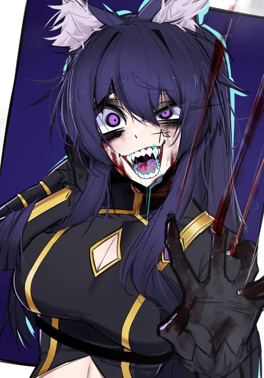 1girl ace_glitch animal_ears bags_under_eyes black_gloves blood blood_on_face blood_on_hands breasts crazy_smile delta_(kage_no_jitsuryokusha_ni_naritakute!) facial_mark gloves highres kage_no_jitsuryokusha_ni_naritakute! large_breasts long_hair long_sleeves looking_at_viewer open_mouth purple_eyes reaching reaching_towards_viewer saliva sharp_teeth simple_background smile solo teeth upper_body wolf_ears wolf_girl yandere