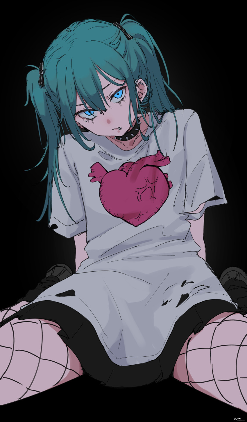 1girl absurdres aqua_hair barbell_piercing black_background black_choker black_shoes black_skirt black_socks blue_eyes choker collarbone commentary ear_piercing english_commentary eyeliner fishnet_pantyhose fishnets hair_between_eyes hatsune_miku heart highres industrial_piercing lip_piercing lip_ring long_hair looking_at_viewer makeup pantyhose piercing pleated_skirt print_shirt runny_makeup sad_girl_sex_(vocaloid) shirt shoes short_sleeves simple_background sitting skirt soap_(sifxi_) socks solo spiked_choker spikes twintails vocaloid white_shirt