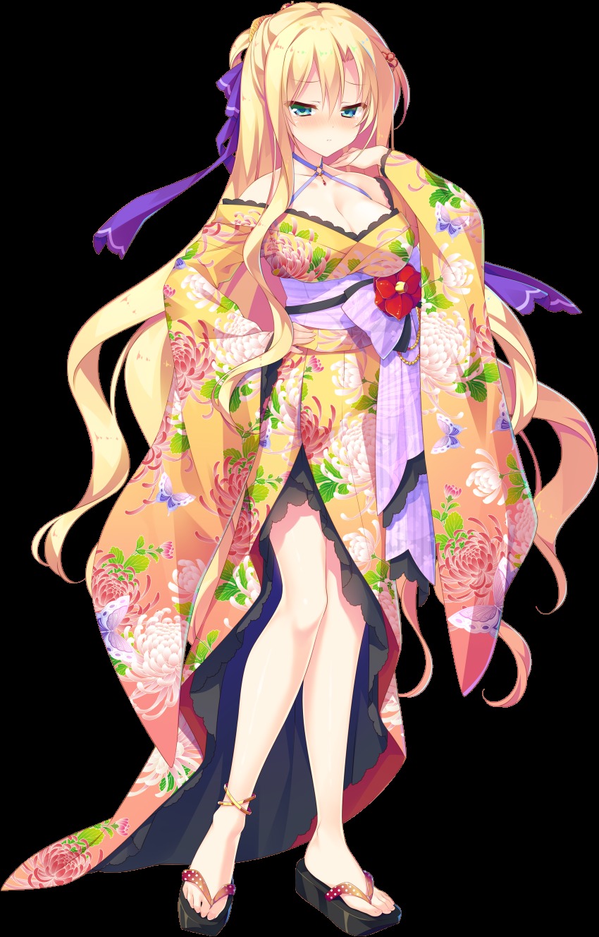 1girl absurdres bare_shoulders blonde_hair blue_eyes blush breasts cleavage feet flip-flops floral_print full_body hair_ribbon hand_on_own_hip highres japanese_clothes large_breasts long_hair long_sleeves looking_at_viewer nose_blush obi ribbon sandals sash shougun-sama_wa_otoshigoro shouna_mitsuishi solo standing toes tokugawa_muneharu transparent_background very_long_hair wide_sleeves