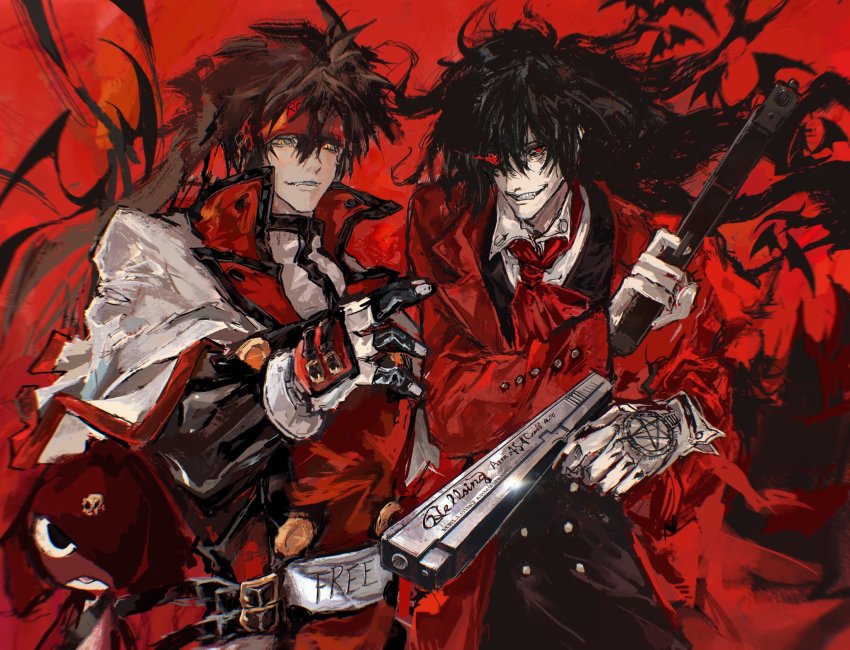 2boys alucard_(hellsing) arc_system_works armor belt black_hair brown_hair coat fingerless_gloves fireseal found_modori garrote giroro gloves guilty_gear guilty_gear_xx gun handgun headband hellsing hellsing_arms_.454_casull_auto hellsing_arms_13mm_auto_anti-freak_combat_pistol:_jackal highres keroro_gunsou long_hair looking_at_viewer male_focus multiple_boys muscular muscular_male order-sol order_sol overcoat pistol ponytail simple_background smile sol_badguy spiked_hair sword vampire weapon