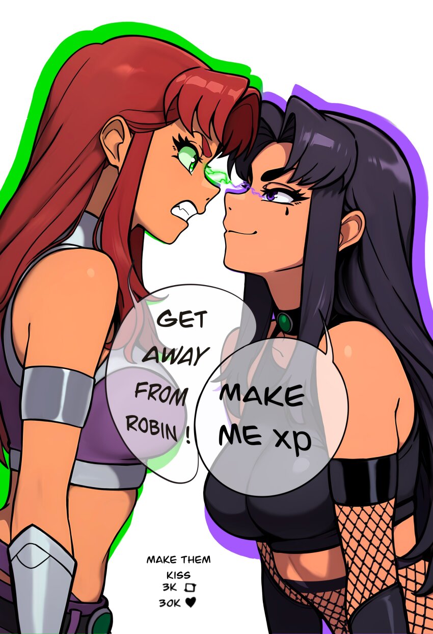 2girls absurdres black_choker black_hair blackfire breasts choker collarbone colored_sclera colored_skin dc_comics fishnet_top fishnets green_eyes highres like_and_retweet long_hair looking_at_another medium_breasts midriff multiple_girls purple_eyes purple_tank_top red_hair redpostit starfire tank_top teen_titans