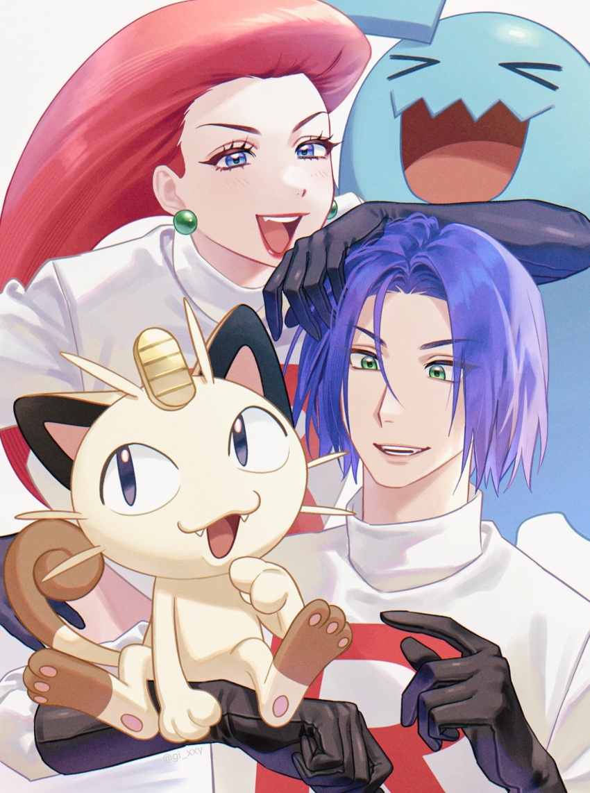 1boy 1girl blue_eyes blue_hair commentary creatures_(company) fangs game_freak gen_1_pokemon gen_2_pokemon gloves green_eyes happy highres james_(pokemon) jessie_(pokemon) meowth nintendo open_mouth pokemon pokemon_(anime) pokemon_(creature) red_hair ruru_(gi_xxy) symbol-only_commentary white_background wobbuffet