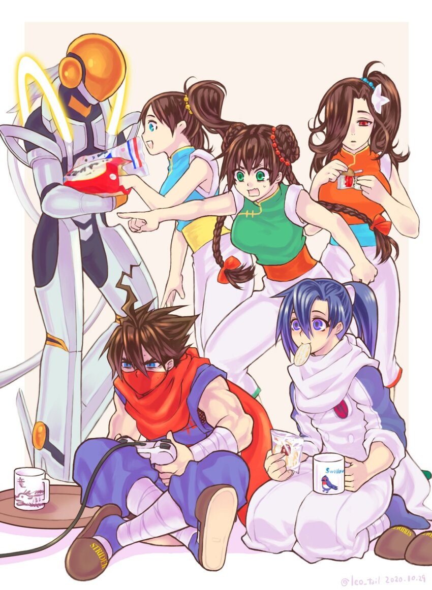 3boys 3girls :d ahoge blue_eyes blue_hair braid brown_hair cup dated frustrated hair_between_eyes hair_over_one_eye highres holding holding_cup indian_style leo_tail lightning_ahoge long_hair looking_ahead looking_at_food mask mouth_mask mug multiple_boys multiple_girls open_mouth pei_pooh playing_games ponytail red_mask red_scarf sai_pooh scarf seiza short_hair siblings sisters sitting slippers smile solo_(strider) strider_(video_game) strider_hien strider_hiryuu tong_pooh twin_braids twintails twitter_username