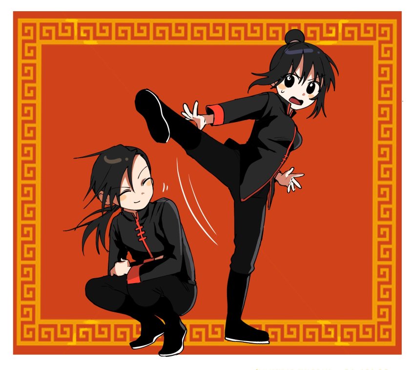 1boy 1girl ^_^ black_eyes black_footwear black_hair black_pants black_shirt boots border chinese_clothes closed_eyes closed_mouth full_body fullmetal_alchemist hair_bun highres kicking knee_boots korean_commentary lan_fan ling_yao long_hair long_sleeves looking_away low_ponytail open_mouth outside_border pants pants_tucked_in ponytail red_background shirt shoe_soles sideways_glance single_hair_bun smile squatting standing standing_on_one_leg sweatdrop tosisulsa updo