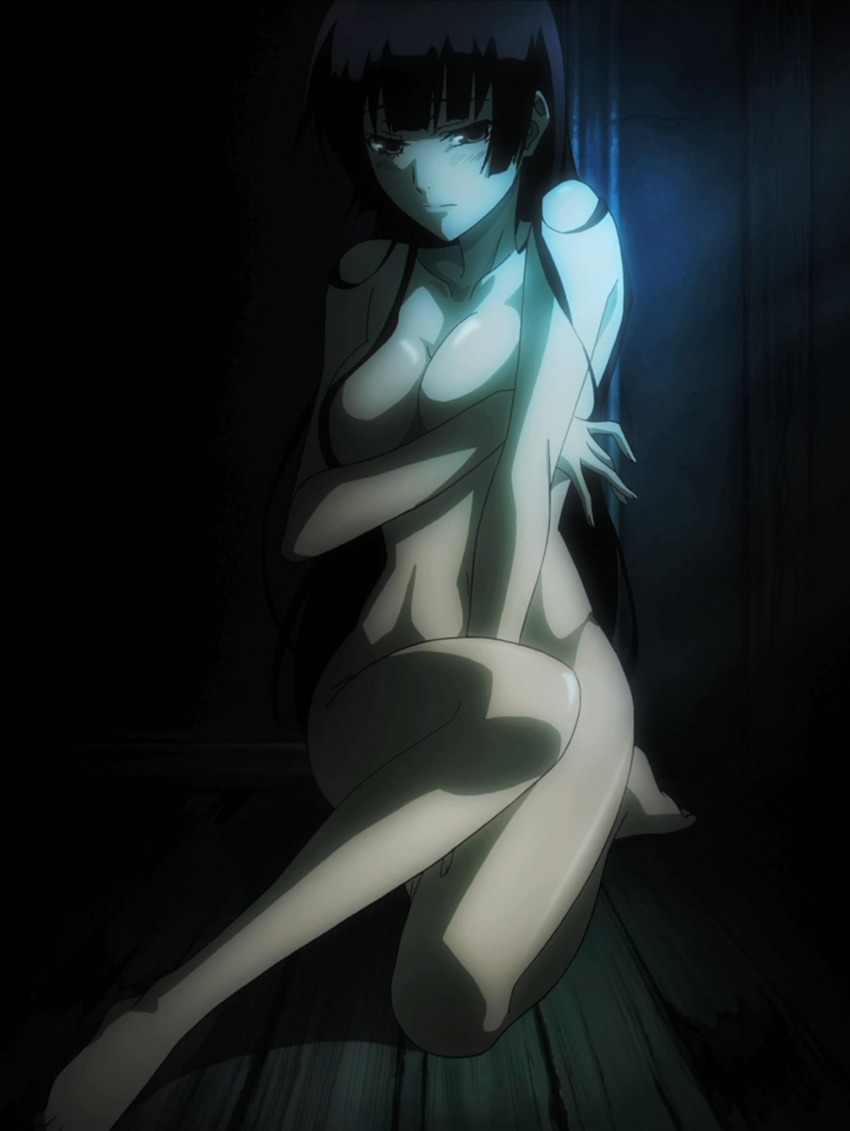 1girl absurdres anime_screenshot barefoot blush breast_hold breasts collarbone covering_privates female_focus highres hime_cut kanoe_yuuko large_breasts long_hair nude open_mouth solo stitched tasogare_otome_x_amnesia third-party_edit wooden_floor