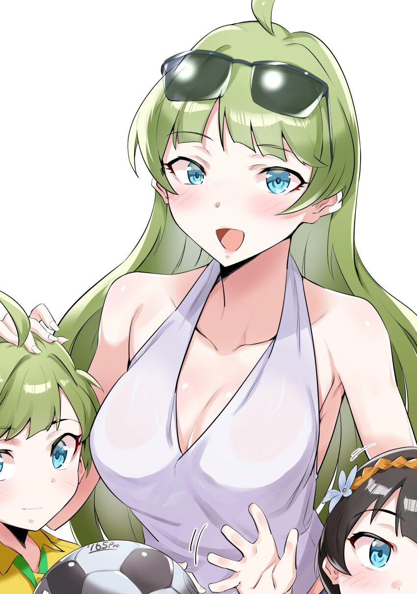 1boy 2girls absurdres aged_up ahoge aqua_eyes armpits ball bare_shoulders blunt_bangs blush breasts child cleavage collarbone commentary dot_nose dress eyelashes eyewear_on_head green_hair halterneck highres idolmaster idolmaster_million_live! idolmaster_million_live!_theater_days large_breasts long_hair looking_at_viewer mother_and_daughter mother_and_son multiple_girls open_mouth shimabara_elena short_hair sidelocks simple_background sleeveless sleeveless_dress smile soccer_ball straight_hair sunglasses takahiro_(crimson_bolt) upper_body very_long_hair white_background white_dress