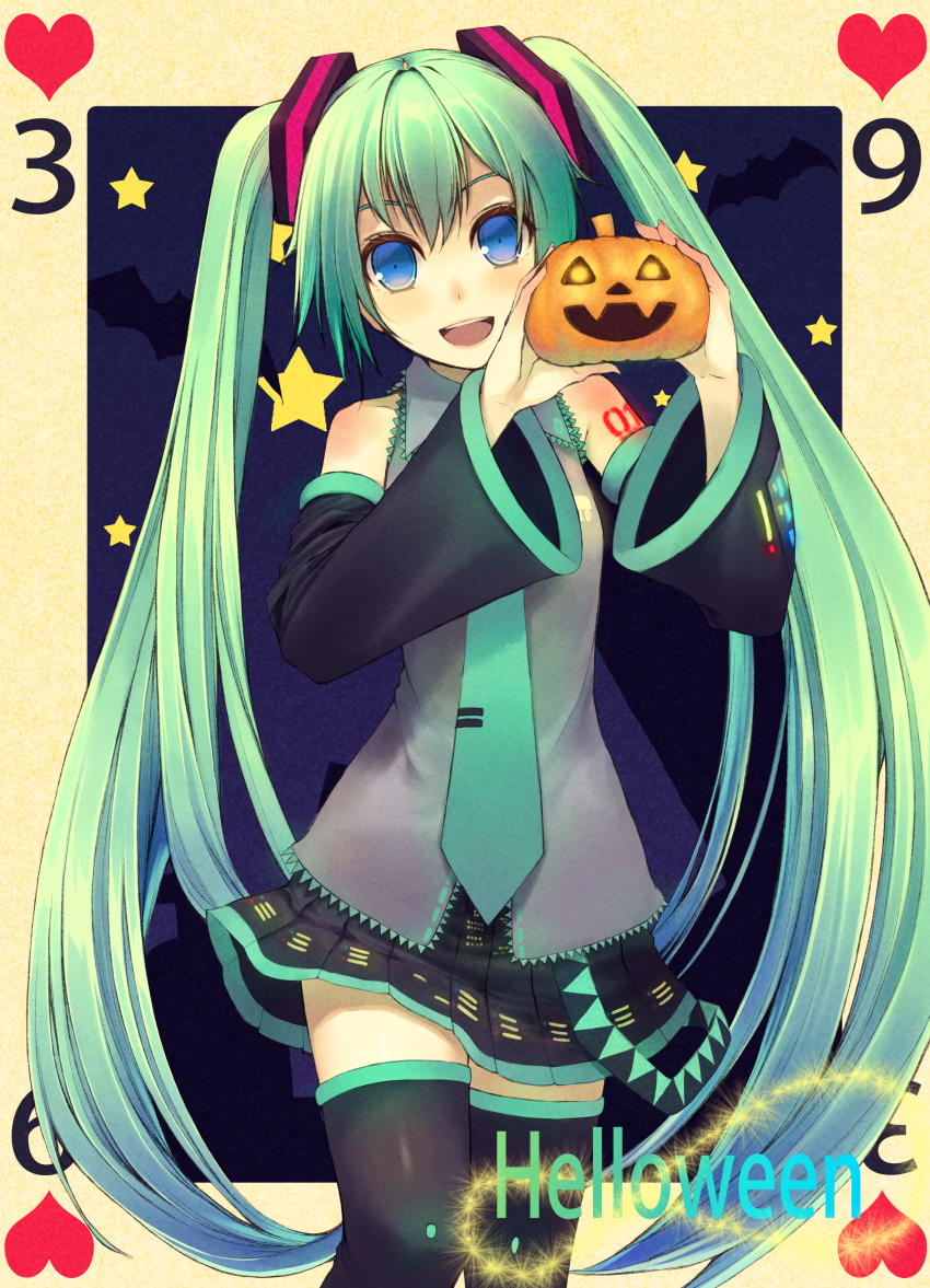 1girl :d absurdres aqua_hair aqua_necktie bad_id bad_pixiv_id bat_(animal) black_skirt black_thighhighs blue_eyes card cart detached_sleeves female_focus gard hair_ornament halloween hatsune_miku hazymoooooon head_tilt heart highres holding jack-o&#039;-lantern long_hair long_sleeves looking_at_viewer md5_mismatch miniskirt necktie open_mouth playing_card pleated_skirt pumpkin pumpking skirt sleeveless smile solo star_(symbol) thighhighs twintails very_long_hair vocaloid zettai_ryouiki