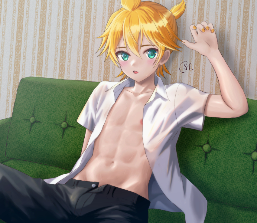 1boy abs collarbone commentary_request green_eyes highres indoors kagamine_len looking_at_viewer male_focus nail_polish navel open_clothes open_fly open_shirt parted_lips reclining shirt short_hair signature sitting solo vocaloid white_shirt wing_collar yellow_nails yukita6116